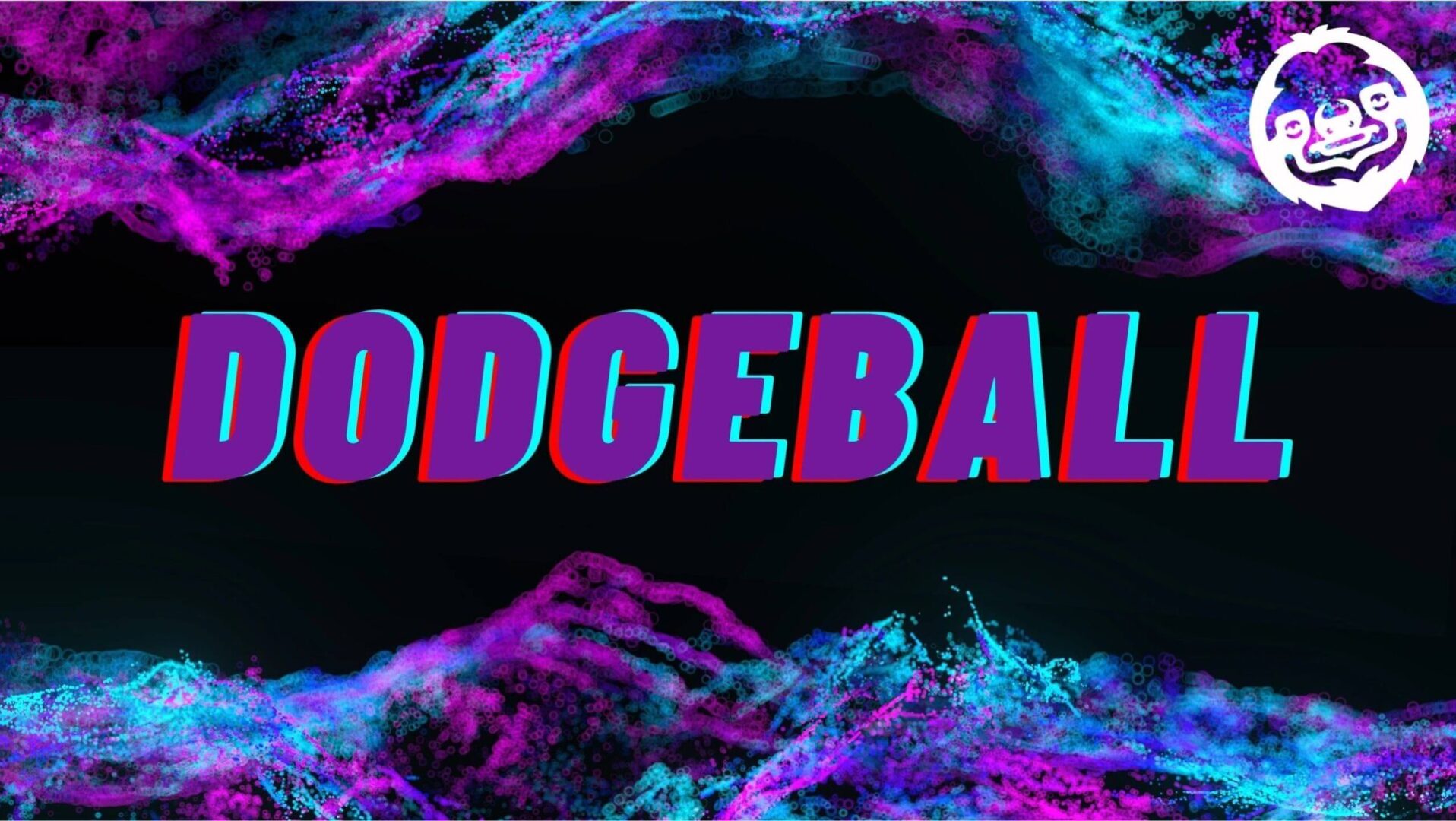 A neon sign that says dodgeball in front of some water.