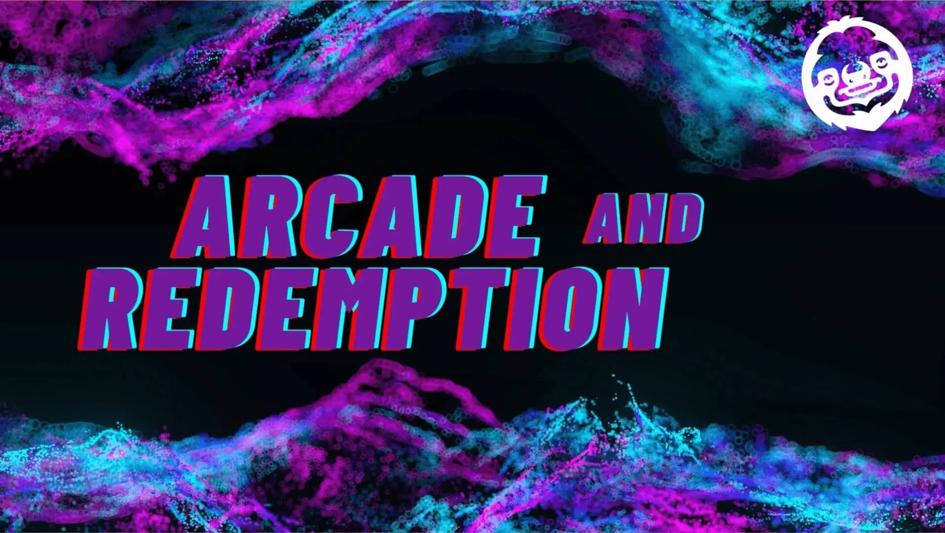 Vibrant neon text "Arcade and Redemption" with colorful smoke effects.