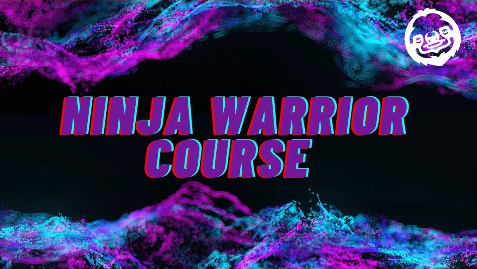 Vibrant 'Ninja Warrior Course' text with colorful, smoky background.