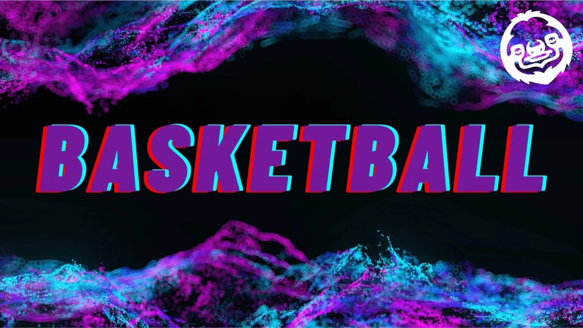 Colorful glitch effect on the word 'BASKETBALL' with dynamic smoke-like textures.