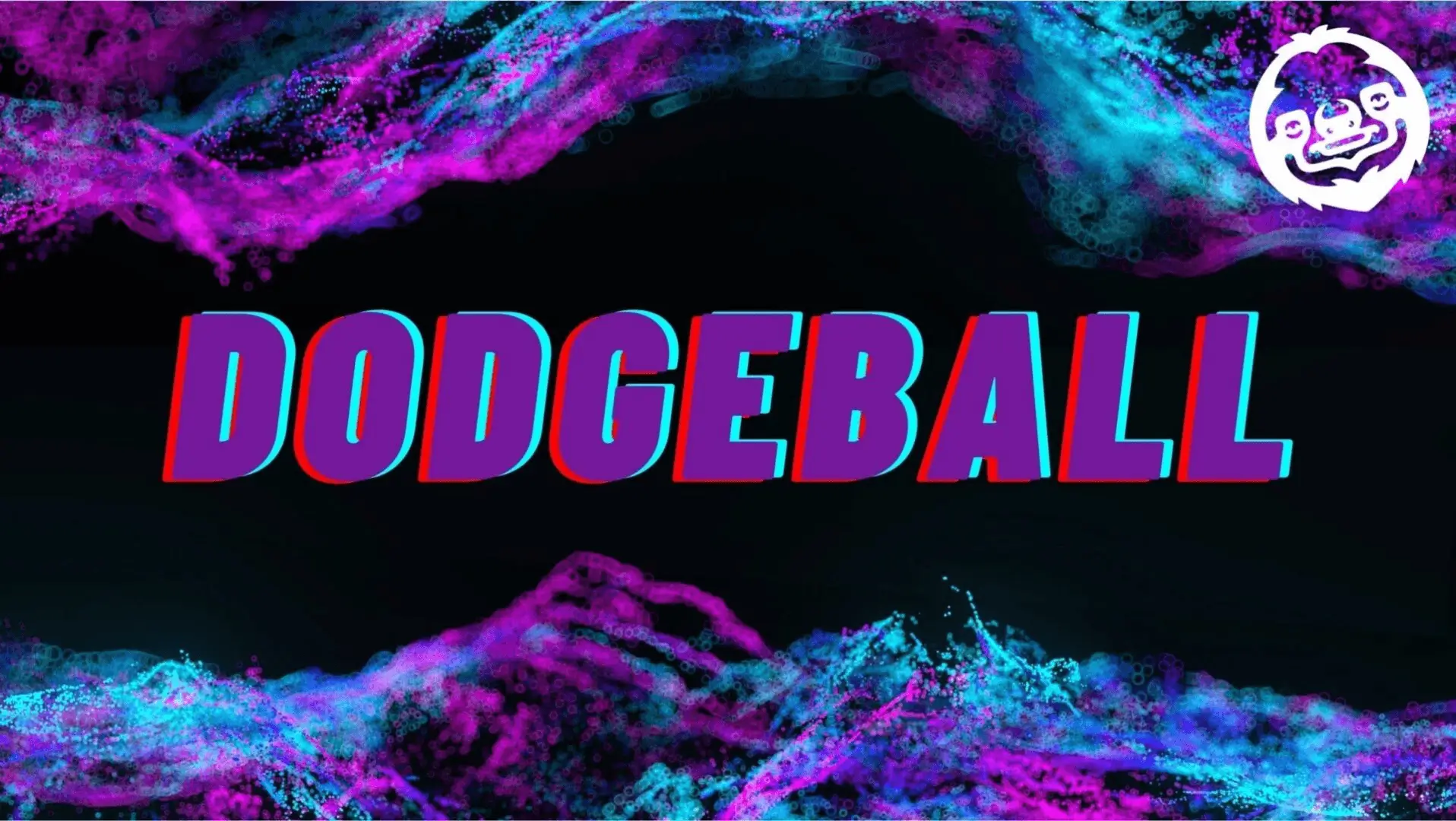Vibrant digital art with the word 'DODGEBALL' in bold 3D letters.